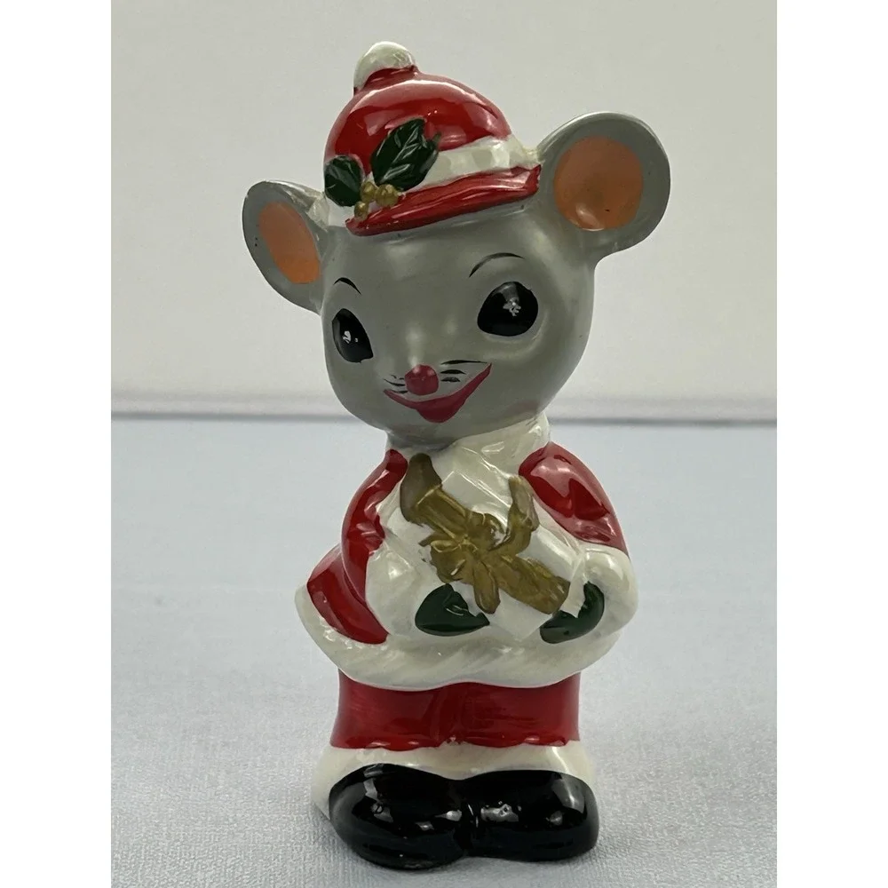 Vintage Napcoware Japan Christmas Mouse Figurine Santa Gift Ceramic 4.5